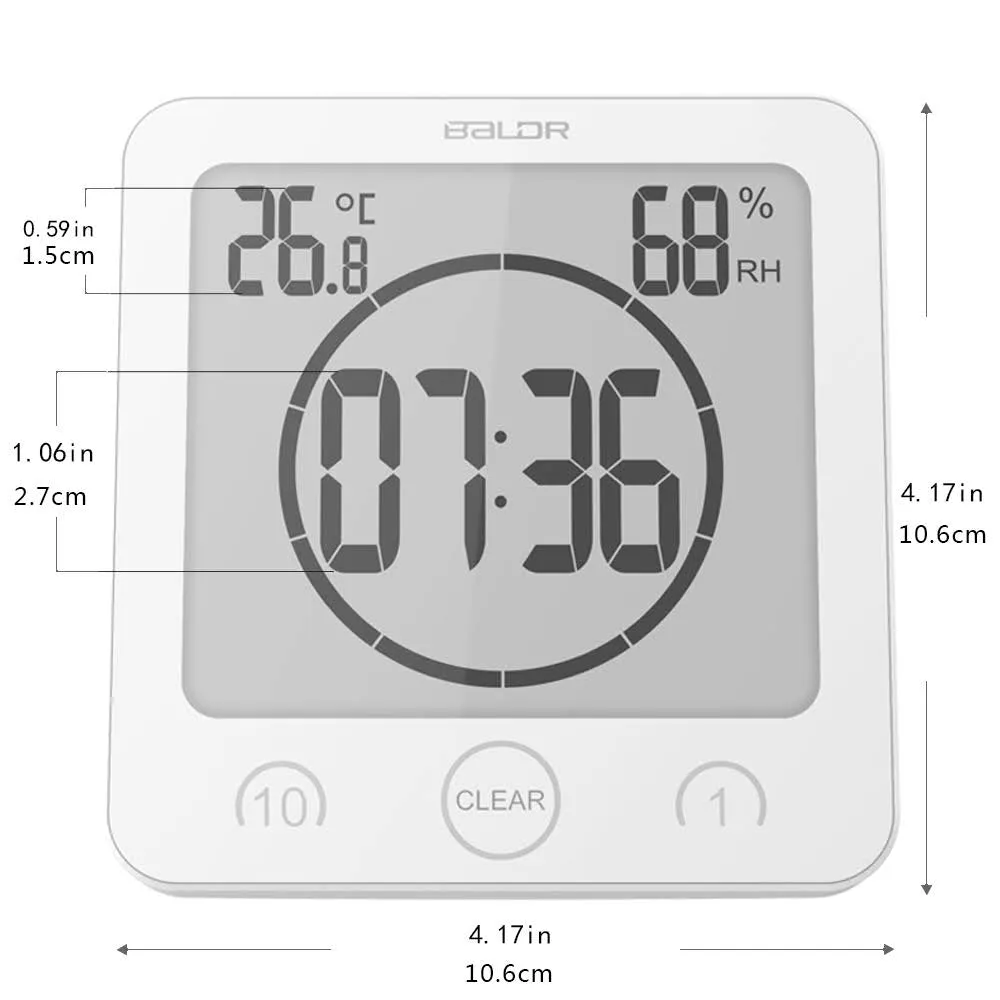 BALDR Waterproof Shower Clock with Timer for Bathroom - Wall Mounted LCD Clock Displays Time, Temperature & Indoor Relative Humidity