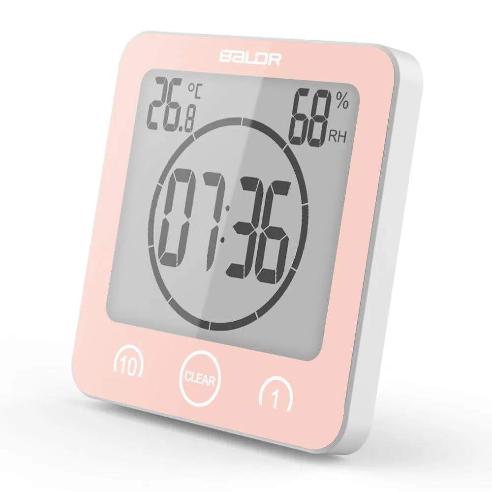 BALDR Waterproof Shower Clock with Timer for Bathroom - Wall Mounted LCD Clock Displays Time, Temperature & Indoor Relative Humidity