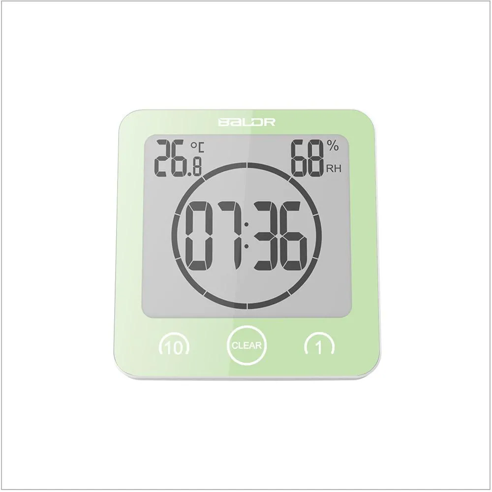 BALDR Waterproof Shower Clock with Timer for Bathroom - Wall Mounted LCD Clock Displays Time, Temperature & Indoor Relative Humidity