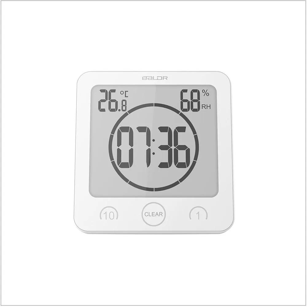 BALDR Waterproof Shower Clock with Timer for Bathroom - Wall Mounted LCD Clock Displays Time, Temperature & Indoor Relative Humidity