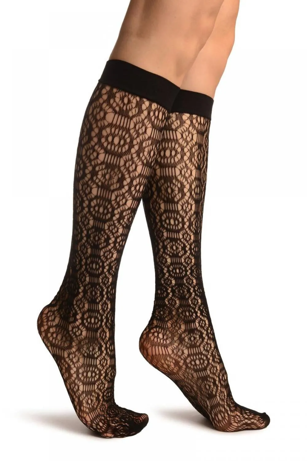 Black Crochet Kaleidoscope Lace Socks Knee High