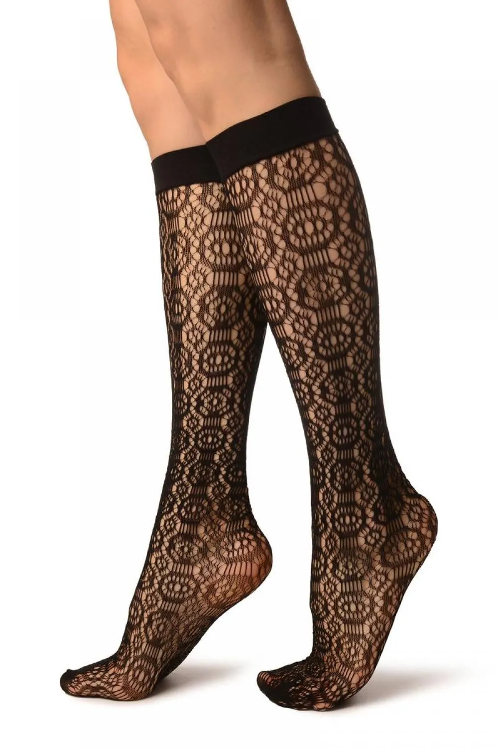 Black Crochet Kaleidoscope Lace Socks Knee High