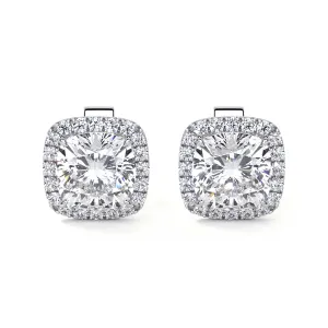 Cushion Cut Diamond Earrings with Halo, 3 CT Each