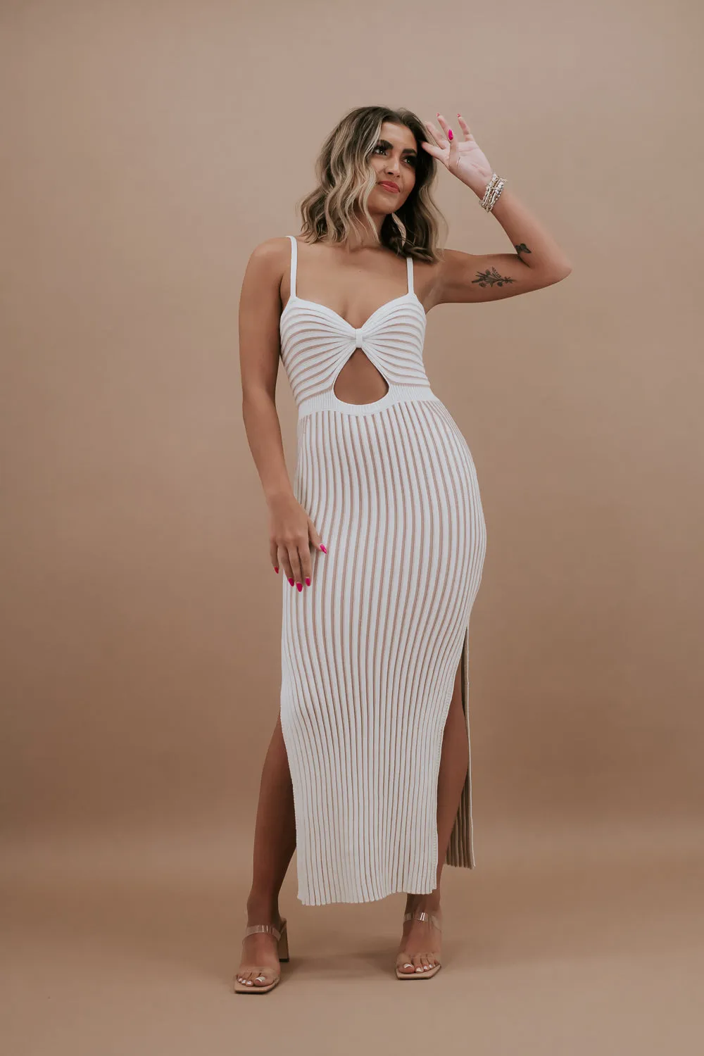 ECB Exclusive: Going Coastal Striped Dress, Ivory & Tan