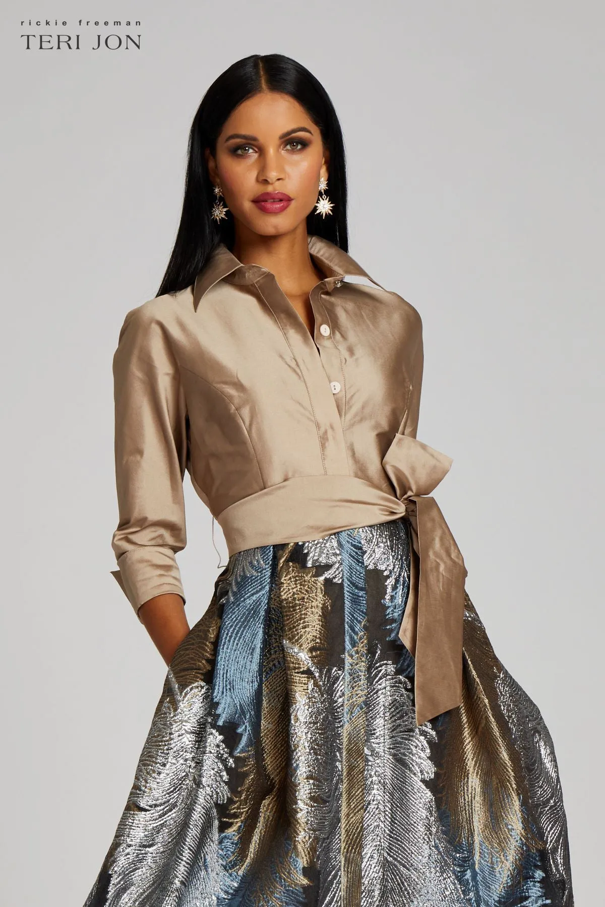 Taffeta Shirt Gown With Feather Pattern