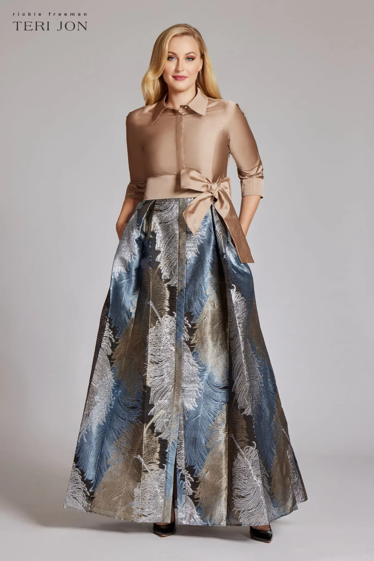 Taffeta Shirt Gown With Feather Pattern